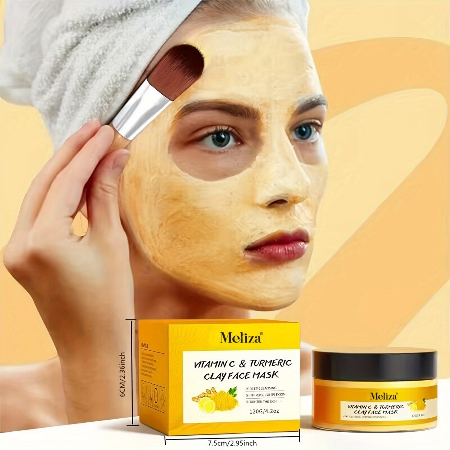 1pc MELIZA Turmeric Vitamin C Clay Mask with Applicator Brush - Deep Cleansing & Moisturizing Face Mask for All Skin Types, Combination, and Acne-Prone Skin - Ideal Mother'S Day Gift, 120g/4.2oz