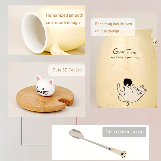 Cute Cat Mug, Kawaii Ceramic Tea Cup Coffee Mugs With Lid And Spoon, Gifts For Cat Lovers, Birthday Gifts Christmas Gifts For Women 13oz