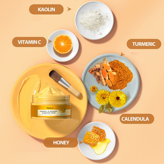 1pc MELIZA Turmeric Vitamin C Clay Mask with Applicator Brush - Deep Cleansing & Moisturizing Face Mask for All Skin Types, Combination, and Acne-Prone Skin - Ideal Mother'S Day Gift, 120g/4.2oz