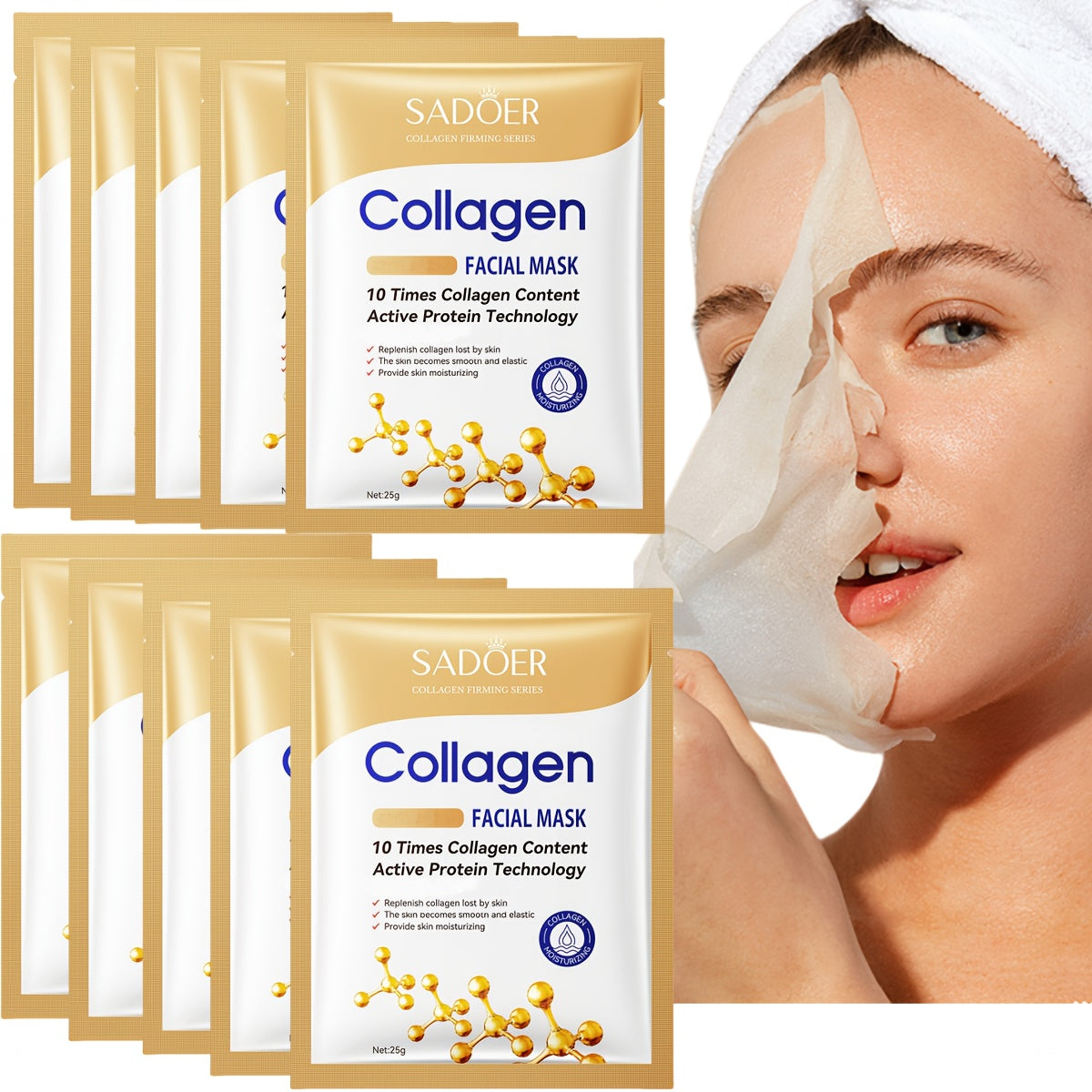 SADOER 10pcs Collagen Facial Masks - Deep Moisturizing, Firming, Alcohol-Free, Fragrance-Free, 16% Collagen for All Light Beige Types Halloween Christmas Gifts