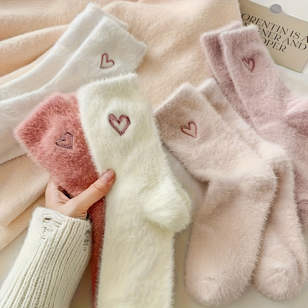 8pcs, 6pcs, 4pcs Special Embroidered Socks, Cute Heart Pattern, Fluffy Thick Floor Mid-Calf Socks, Suitable for Autumn and Winter, Warm Women'S Socks and Socks, Christmas Unique Gift, Christmas Socks, Christmas Gifts