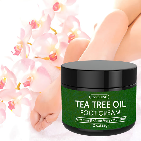 Jaysuing Tea Tree Foot Cream with Aloe Vera, Hyaluronic Acid and Honey, Deeply Hydrates and Smoothes Dry, Rough Light Beige, for All Light Beige Types, Alcohol Free, 2oz / 55 g