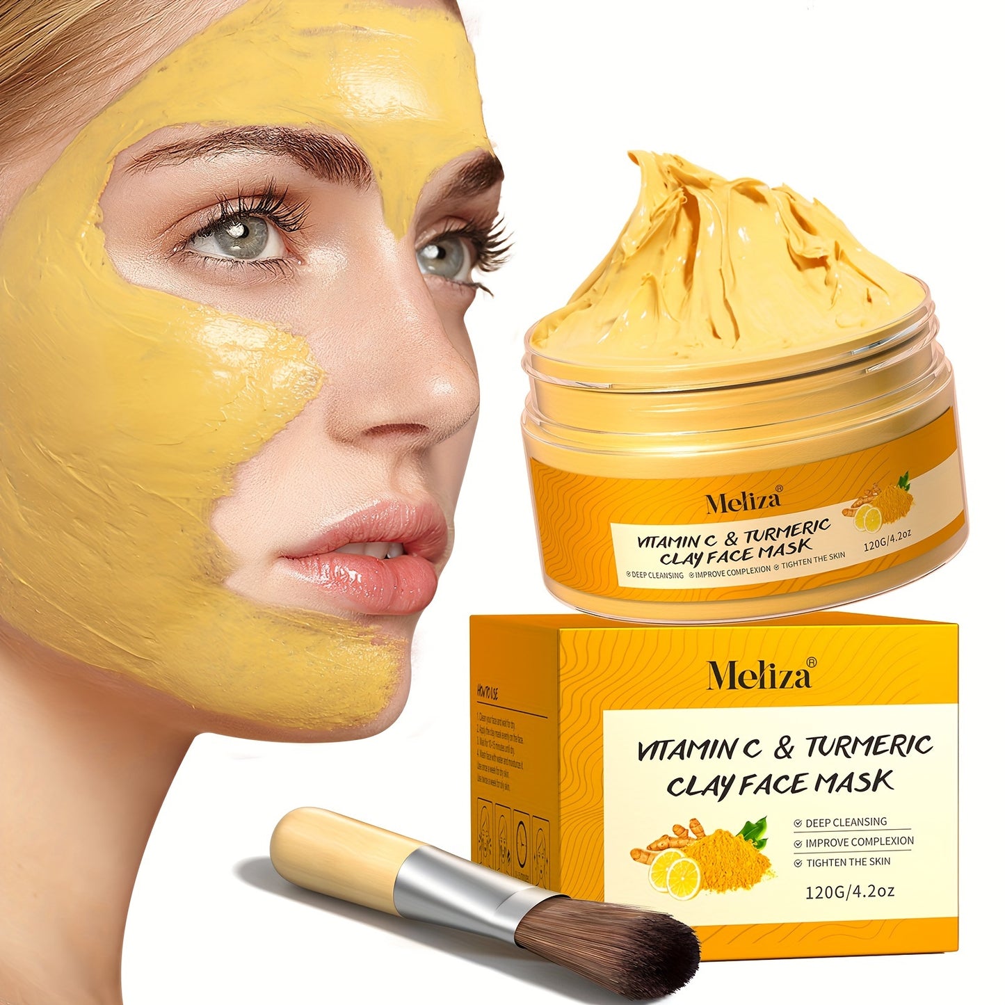 1pc MELIZA Turmeric Vitamin C Clay Mask with Applicator Brush - Deep Cleansing & Moisturizing Face Mask for All Skin Types, Combination, and Acne-Prone Skin - Ideal Mother'S Day Gift, 120g/4.2oz