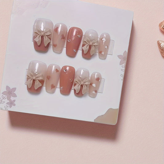 10 Pieces of Handcrafted Press-On Nail Bowls in Pink and Red Hues, Featuring Clouds, Sparkling Rhinestones, and Heart Shapes, Perfect for a Festive Look