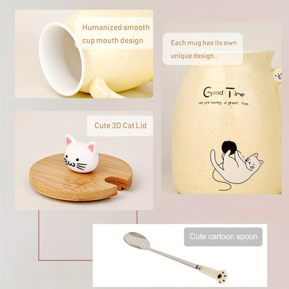 Cute Cat Mug, Kawaii Ceramic Tea Cup Coffee Mugs With Lid And Spoon, Gifts For Cat Lovers, Birthday Gifts Christmas Gifts For Women 13oz