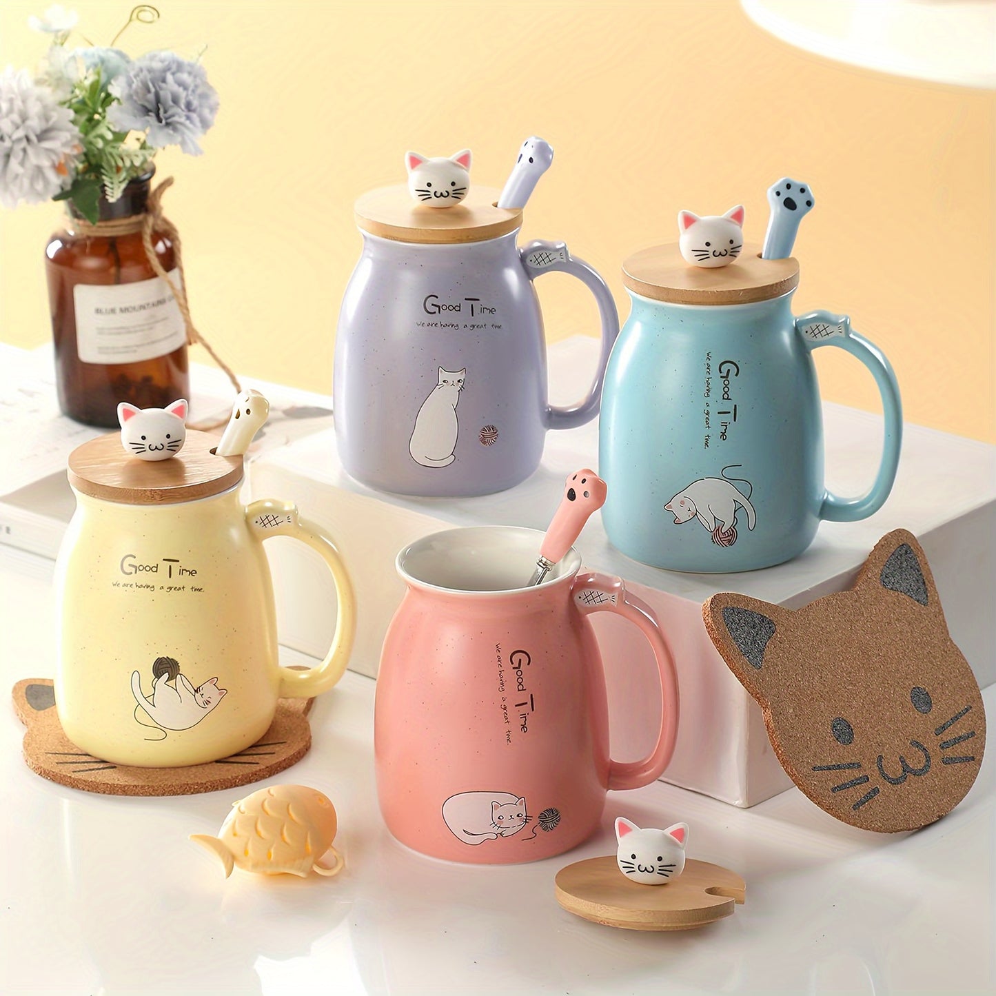 Cute Cat Mug, Kawaii Ceramic Tea Cup Coffee Mugs With Lid And Spoon, Gifts For Cat Lovers, Birthday Gifts Christmas Gifts For Women 13oz
