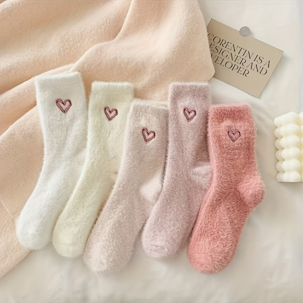 8pcs, 6pcs, 4pcs Special Embroidered Socks, Cute Heart Pattern, Fluffy Thick Floor Mid-Calf Socks, Suitable for Autumn and Winter, Warm Women'S Socks and Socks, Christmas Unique Gift, Christmas Socks, Christmas Gifts