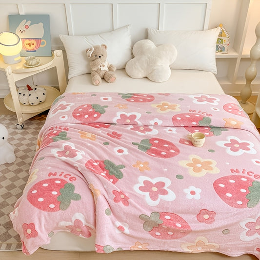 1pc Floral Print Soft Flannel Blanket - All-Season Cozy Throw for Bed, Sofa & Travel, Machine Washable Lightweight Multi-Use Home Decor in Mixed Colors, Blanket for Bed, Bedroom Comfort, Strawberry Theme Decor, Skinfriendly Fabric