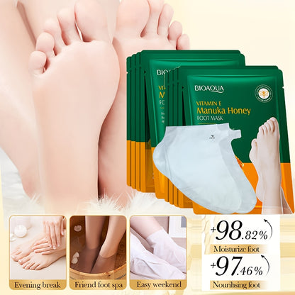 10 Pairs Vitamin E & Manuka Honey Foot Masks - Alcohol-Free, Latex-Free Gel Treatments, Honey Scent for Dry Cracked Heels, Hydrating Winter Care Suitable for Light Beige