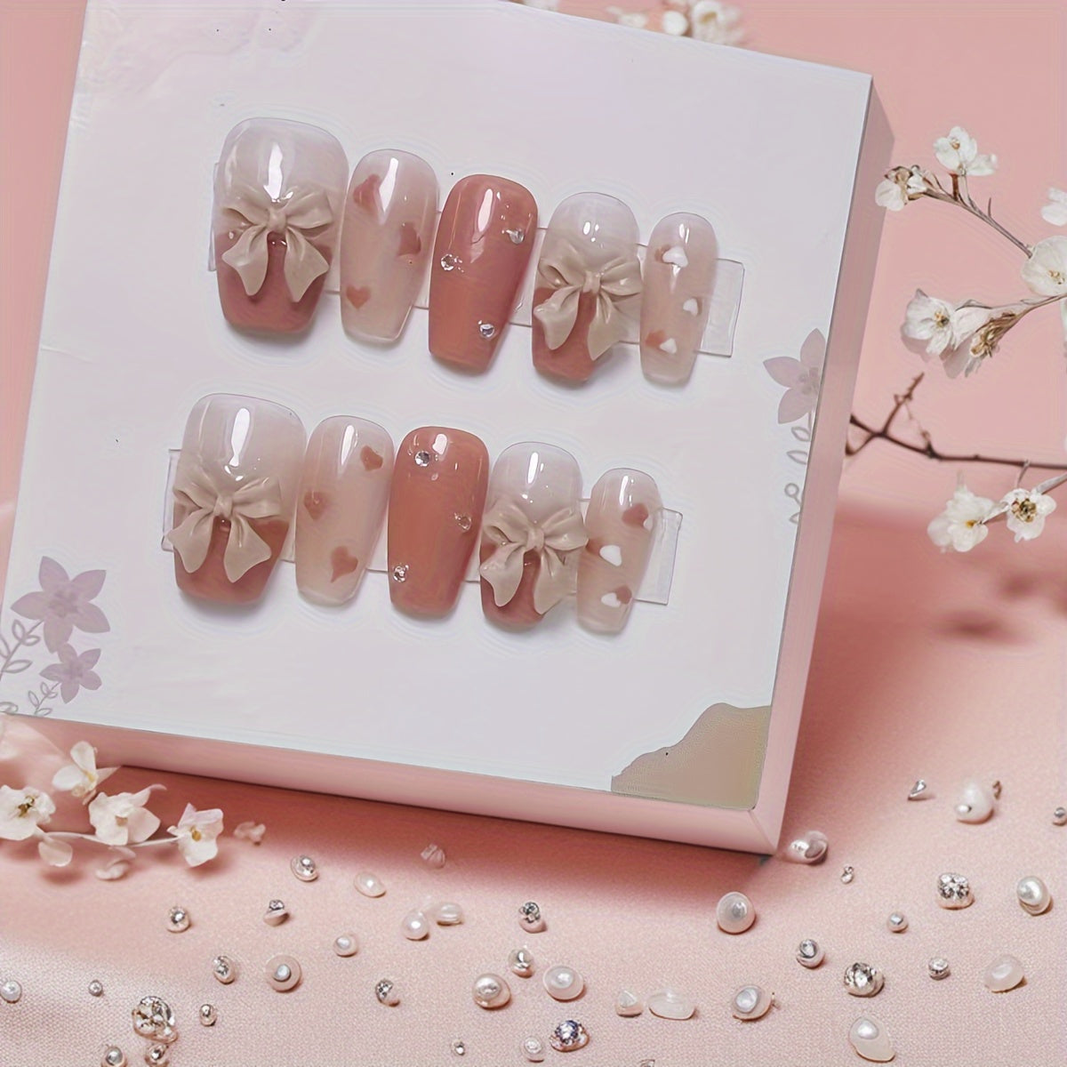 10 Pieces of Handcrafted Press-On Nail Bowls in Pink and Red Hues, Featuring Clouds, Sparkling Rhinestones, and Heart Shapes, Perfect for a Festive Look