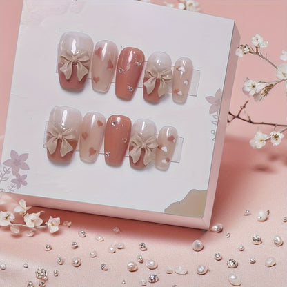 10 Pieces of Handcrafted Press-On Nail Bowls in Pink and Red Hues, Featuring Clouds, Sparkling Rhinestones, and Heart Shapes, Perfect for a Festive Look