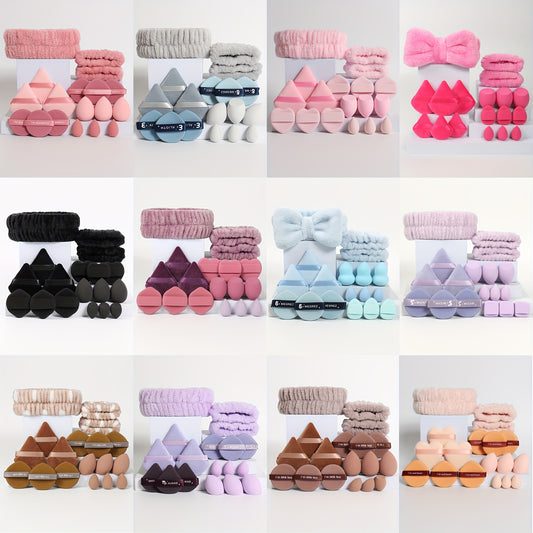18pcs Hairband Set, 1 Hairband & 2 Wristbands & 3 Makeup Sponges & 3 Mini Makeup Sponges & 3 Triangle Loose Powder Puffs & 6 Cushion Puffs. Foundation Blending Beauty Sponge, Flawless for Liquid, Cream, and Powder, Multicolor Makeup Sponge, Latex
